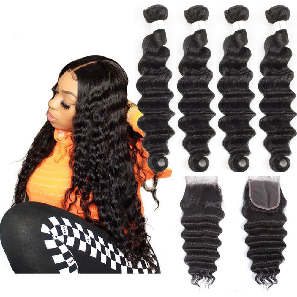 13A Virgin Remy (4) Bundles + 4x4 Lace Closure Loose Deep Wave