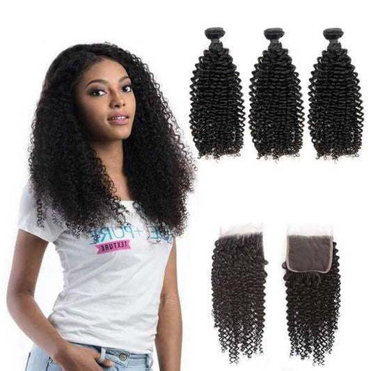 13A Virgin Remy (3) Bundles + 4x4 Lace Closure Kinky Curly