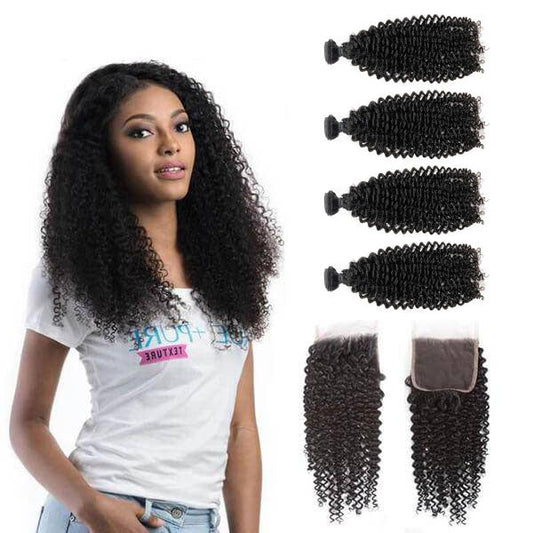 13A Virgin Remy (4) Bundles + 4x4 Lace Closure Kinky Curly