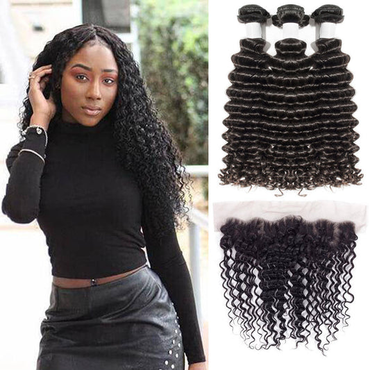 13A Virgin Remy (3) Bundles + 13x4 Lace Frontal Deep Wave