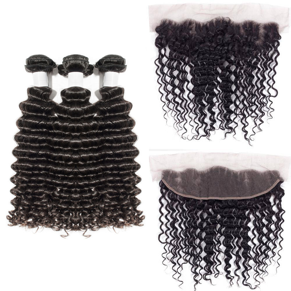 13A Virgin Remy (3) Bundles + 13x4 Lace Frontal Deep Wave