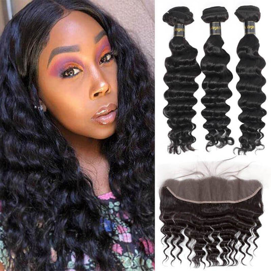 13A Virgin Remy (3) Bundles + 13x4 Lace Frontal Loose Deep Wave