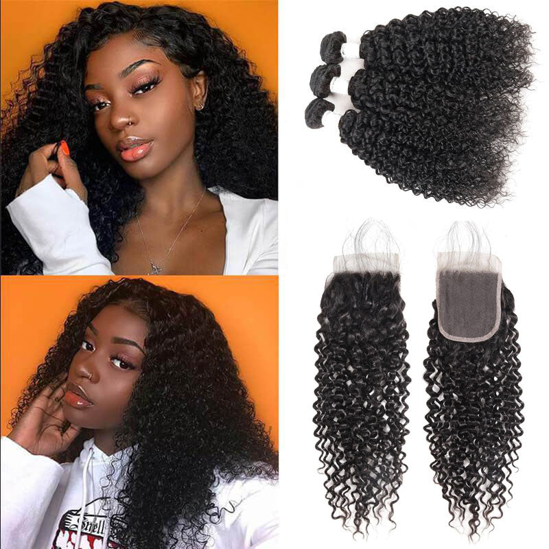 13A Virgin Remy (3) Bundles + 4x4 Lace Closure Jerry Curl