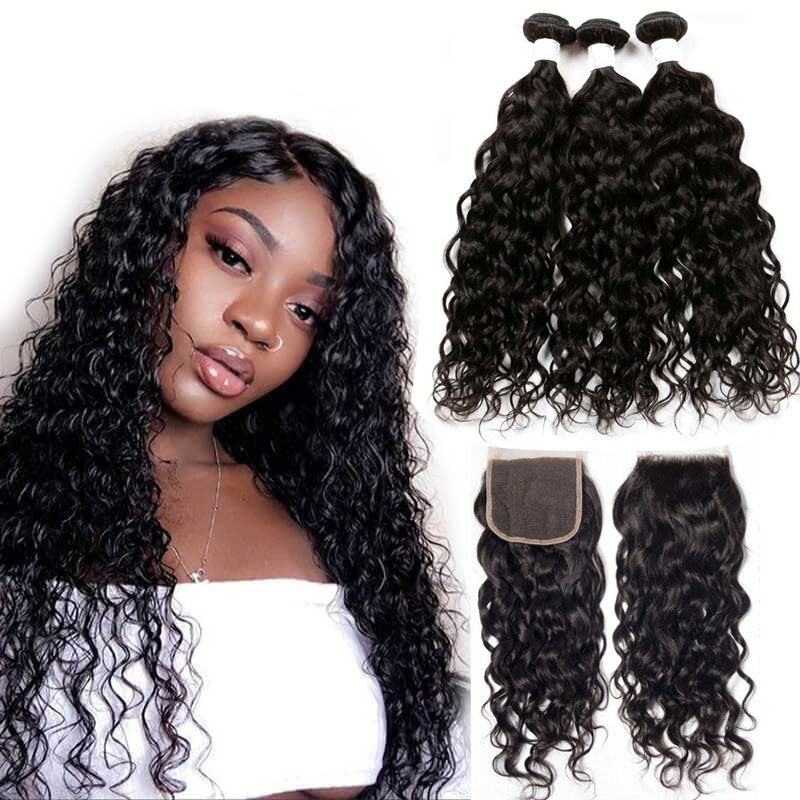 13A Virgin Remy (3) Bundles + 4x4 Lace Closure Water Wave