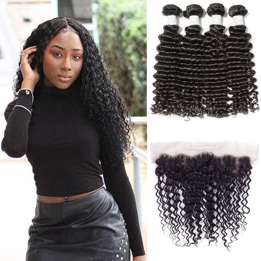 13A Virgin Remy (4) Bundles + 13x4 Lace Frontal Deep Wave