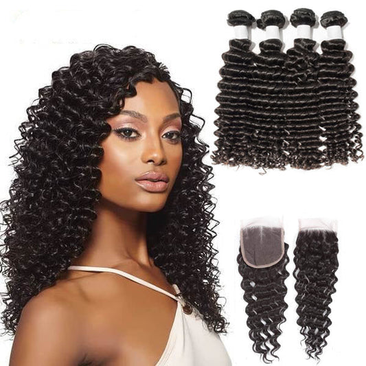 13A Virgin Remy (4) Bundles + 4x4 Lace Closure Deep Wave