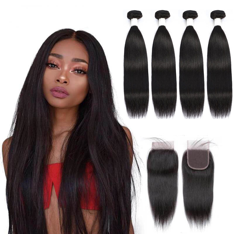 13A Virgin Remy (4) Bundles + 4x4 Lace Closure Straight