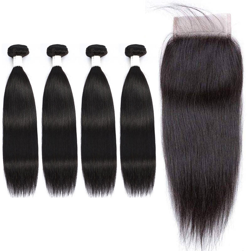 13A Virgin Remy (4) Bundles + 4x4 Lace Closure Straight