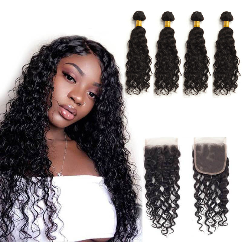 13A Virgin Remy (4) Bundles + 4x4 Lace Closure Water Wave