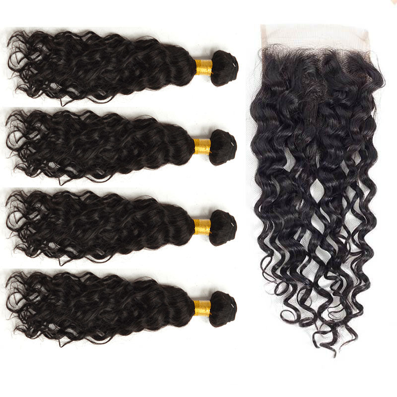 13A Virgin Remy (4) Bundles + 4x4 Lace Closure Water Wave