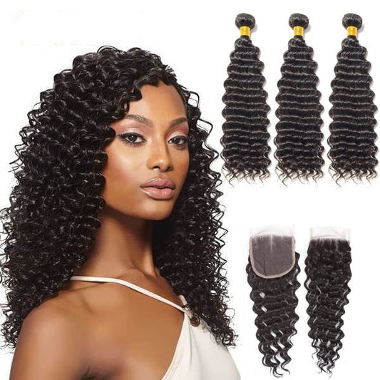 13A Virgin Remy (3) Bundles + 4x4 Lace Closure Deep Wave