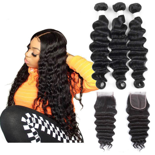 13A Virgin Remy (3) Bundles + 4x4 Lace Closure Loose Deep Wave