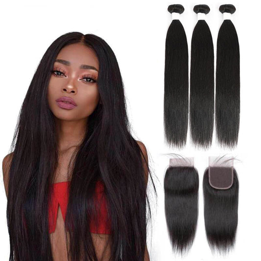 13A Virgin Remy (3) Bundles + 4x4 Lace Closure Straight