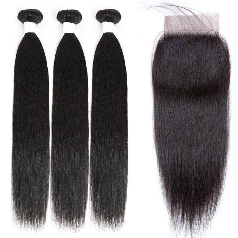 13A Virgin Remy (3) Bundles + 4x4 Lace Closure Straight