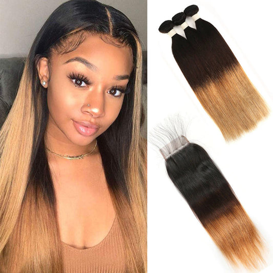 13A T1B/4/27 Virgin Remy (3) Bundles + 4x4 Lace Closure Straight