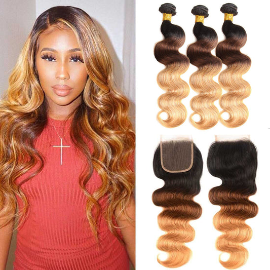 13A T1B/4/27 Virgin Remy (3) Bundles + 4x4 Lace Closure Body Wave