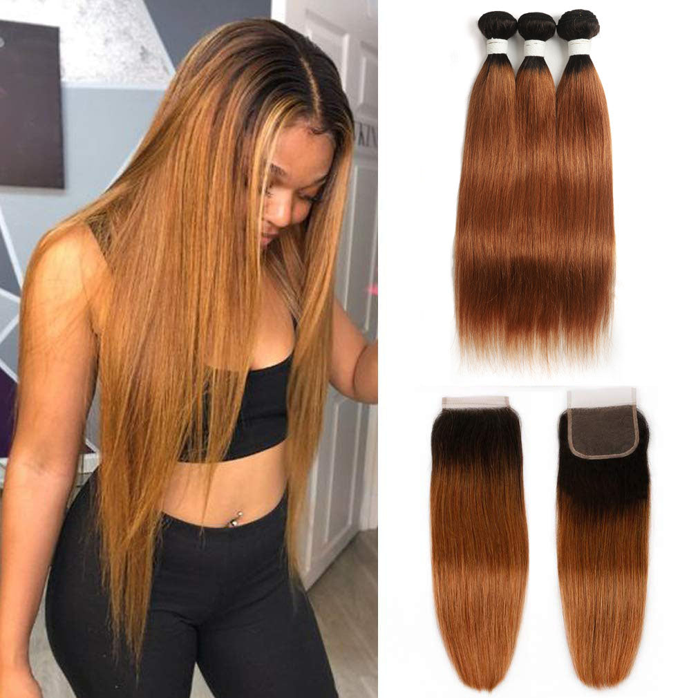 13A T1B/30 Virgin Remy (3) Bundles + 4x4 Lace Closure Straight