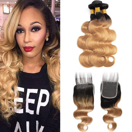 13A T1B/27 Virgin Remy (3) Bundles + 4x4 Lace Closure Body Wave