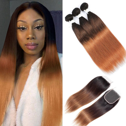 13A T1B/4/30 Virgin Remy (3) Bundles + 4x4 Lace Closure Straight