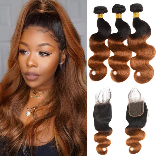 13A T1B/30 Virgin Remy (3) Bundles + 4x4 Lace Closure Body Wave