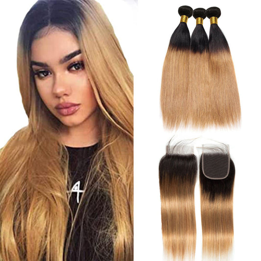 13A T1B/27 Virgin Remy (3) Bundles + 4x4 Lace Closure Straight