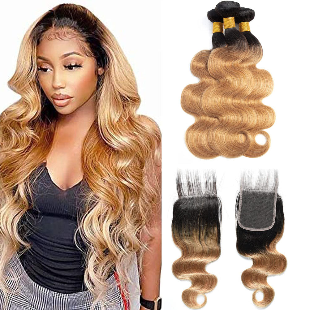 13A T1B/27 Virgin Remy (4) Bundles + 4x4 Lace Closure Body Wave