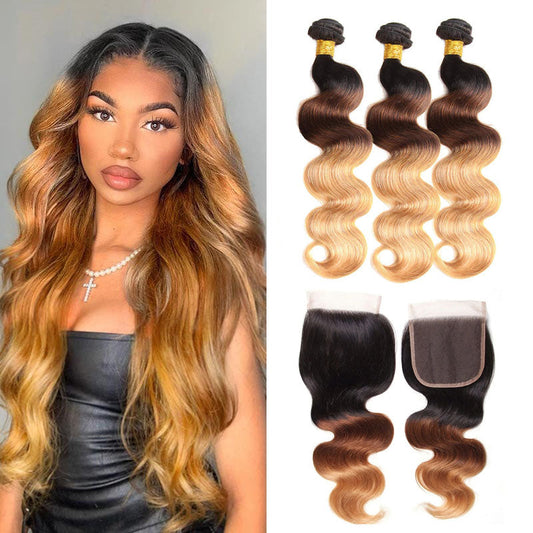 13A T1B/4/27 Virgin Remy (4) Bundles + 4x4 Lace Closure Body Wave