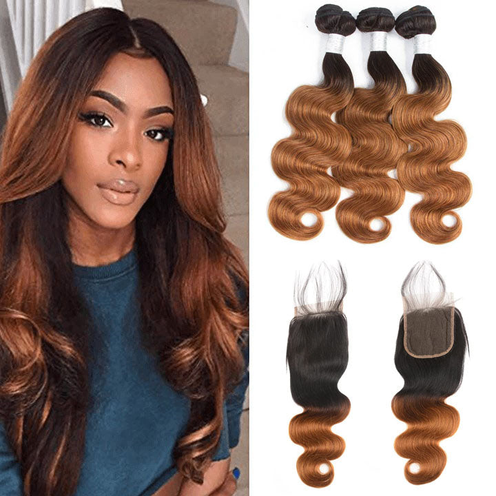 13A T1B/30 Virgin Remy (4) Bundles + 4x4 Lace Closure Body Wave