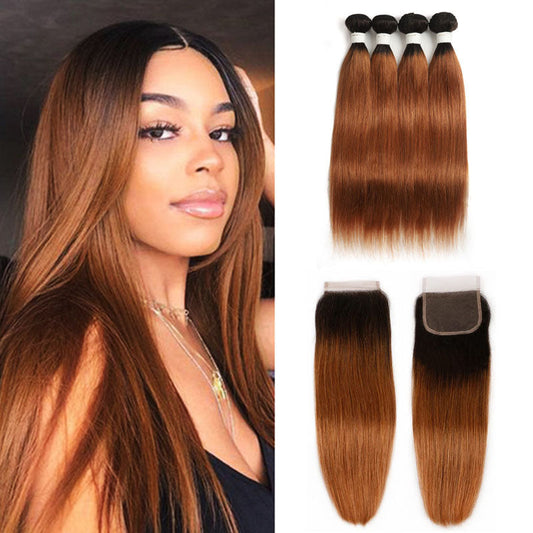 13A T1B/30 Virgin Remy (4) Bundles + 4x4 Lace Closure Straight