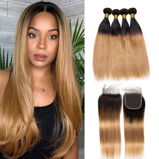 13A T1B/27 Virgin Remy (4) Bundles + 4x4 Lace Closure Straight